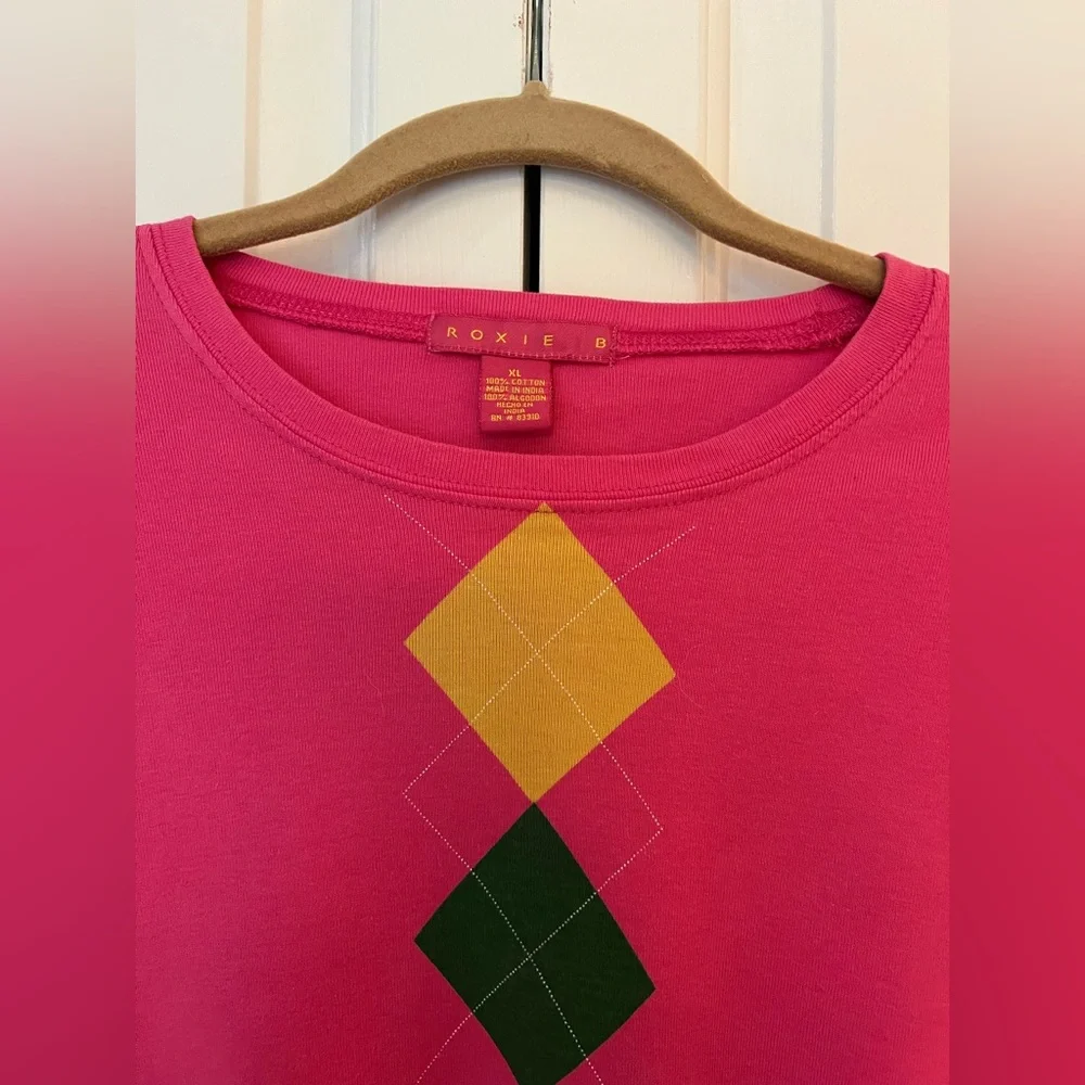 Roxie B Pink Argyle Long Sleeve Cotton Top EUC Size XL - Picture 3 of 7